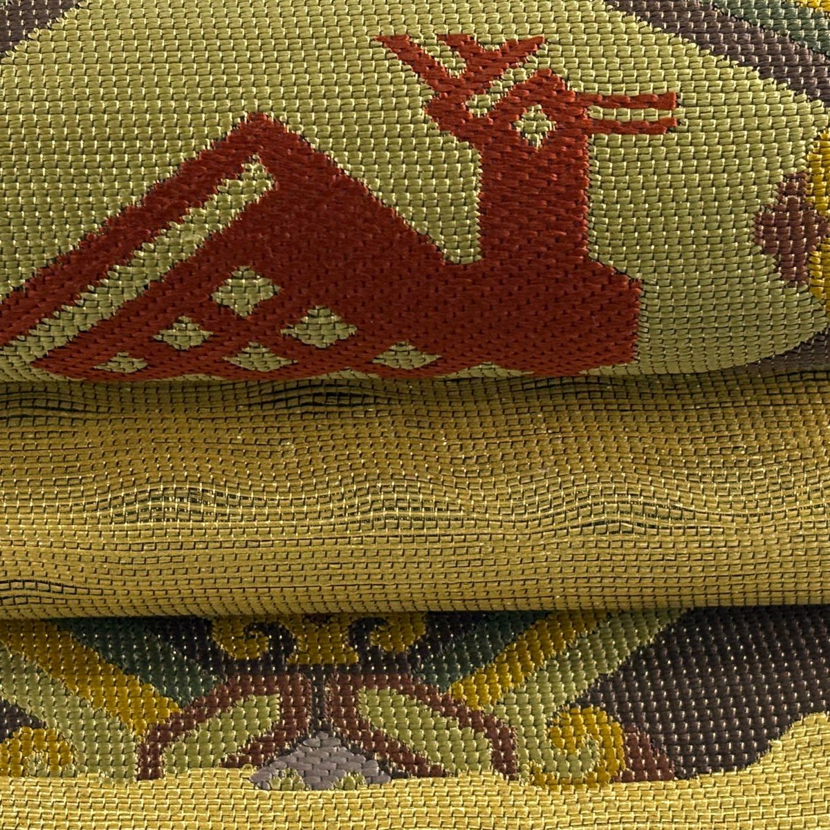 【美品】 袋帶 秀品級 有栖川文 荒磯 金糸 金金箔 黃土 深藍 六通 純蠶絲