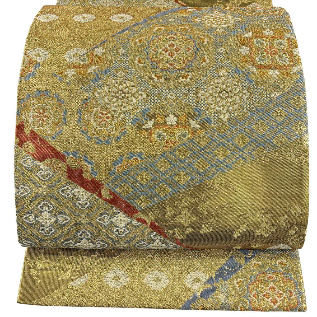 【美品】 袋帶 秀品級 華紋 菱 金絲 金金箔 金色 六通 純蠶絲