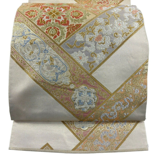 袋帶 秀品級 川島織物 落款あり 關西仕立 雜花 金銀彩 刺繡 金色 六通 純蠶絲