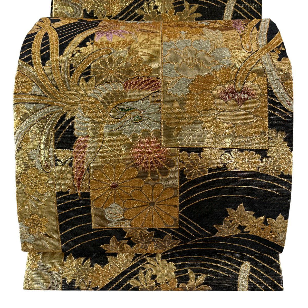【美品】 袋帶 秀品級 牡丹 尾長鳥 金金箔 金絲 黑 六通 純蠶絲