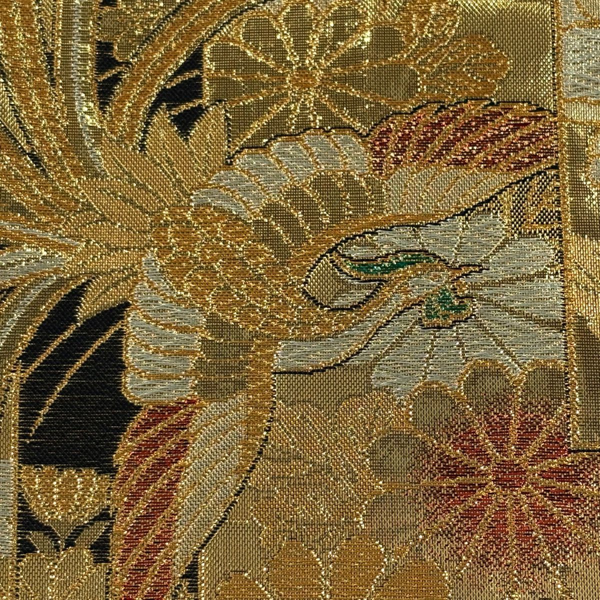 【美品】 袋帶 秀品級 牡丹 尾長鳥 金金箔 金絲 黑 六通 純蠶絲