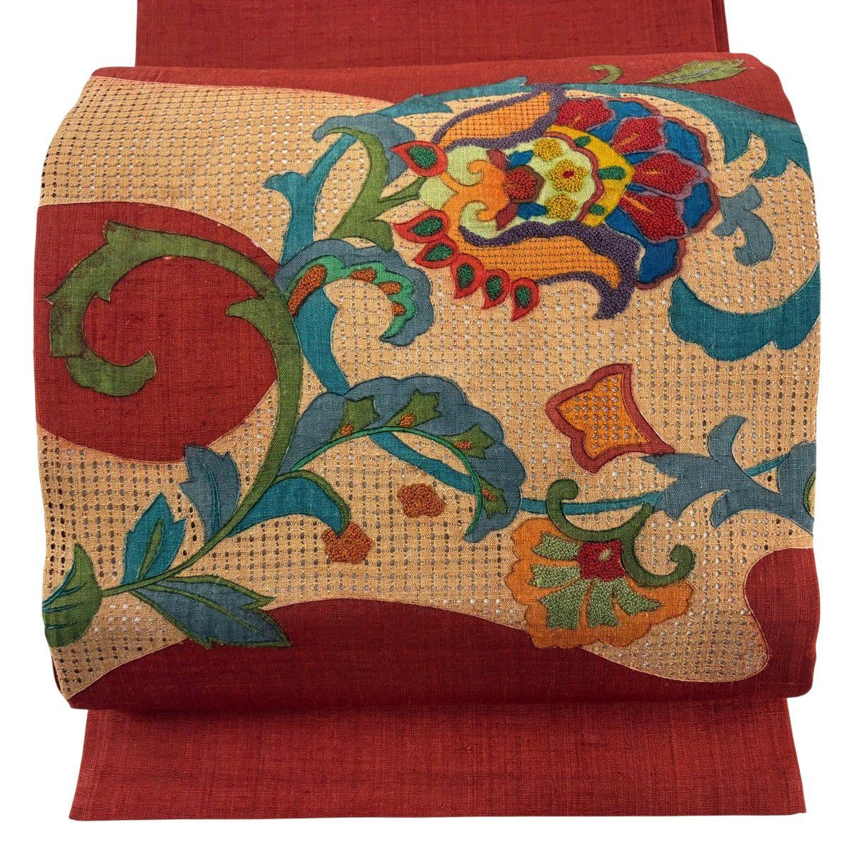 【美品】 袋帶 秀品級 紬織織 草花紋紋 刺繡 紅茶 お太鼓柄 純蠶絲