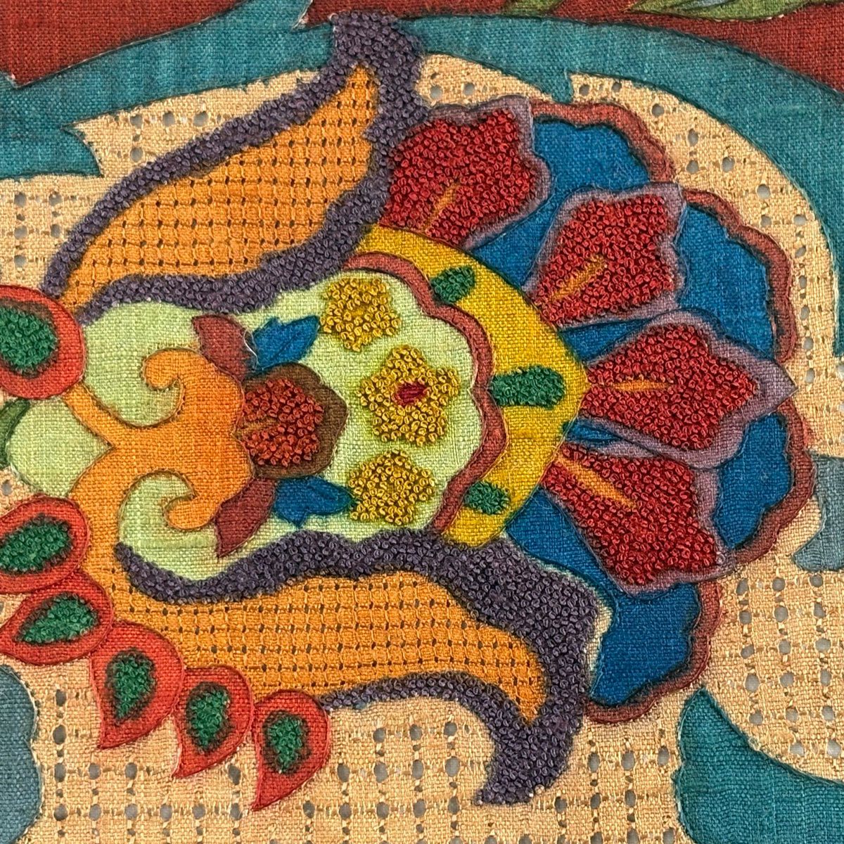 【美品】 袋帶 秀品級 紬織織 草花紋紋 刺繡 紅茶 お太鼓柄 純蠶絲