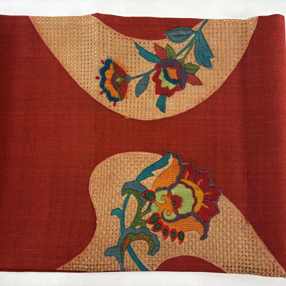 【美品】 袋帶 秀品級 紬織織 草花紋紋 刺繡 紅茶 お太鼓柄 純蠶絲
