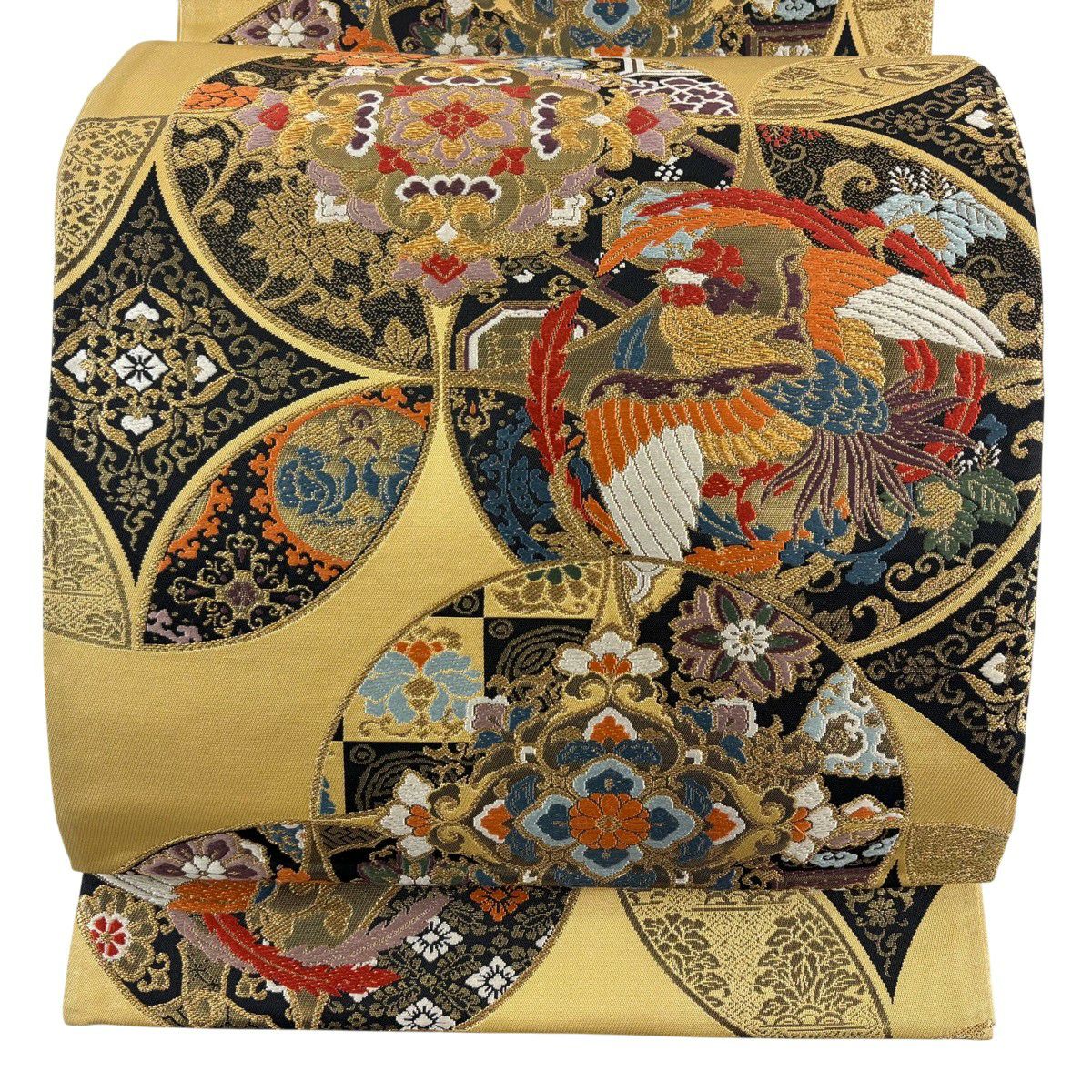 【美品】 袋帶 秀品級 華紋 鳥 金絲 刺繡 山吹茶 六通 純蠶絲