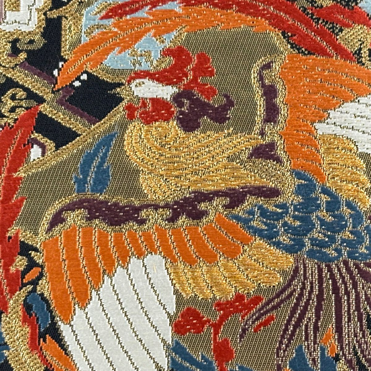 【美品】 袋帶 秀品級 華紋 鳥 金絲 刺繡 山吹茶 六通 純蠶絲
