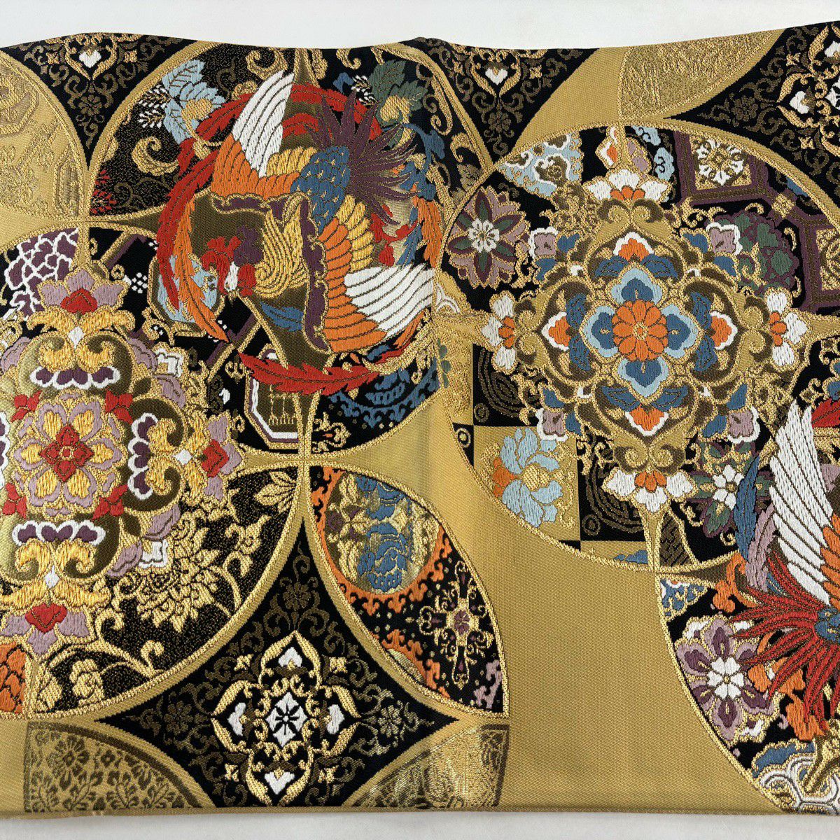 【美品】 袋帶 秀品級 華紋 鳥 金絲 刺繡 山吹茶 六通 純蠶絲