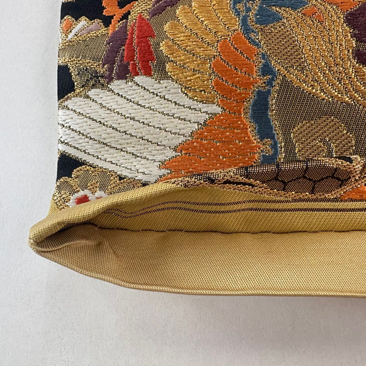 【美品】 袋帶 秀品級 華紋 鳥 金絲 刺繡 山吹茶 六通 純蠶絲