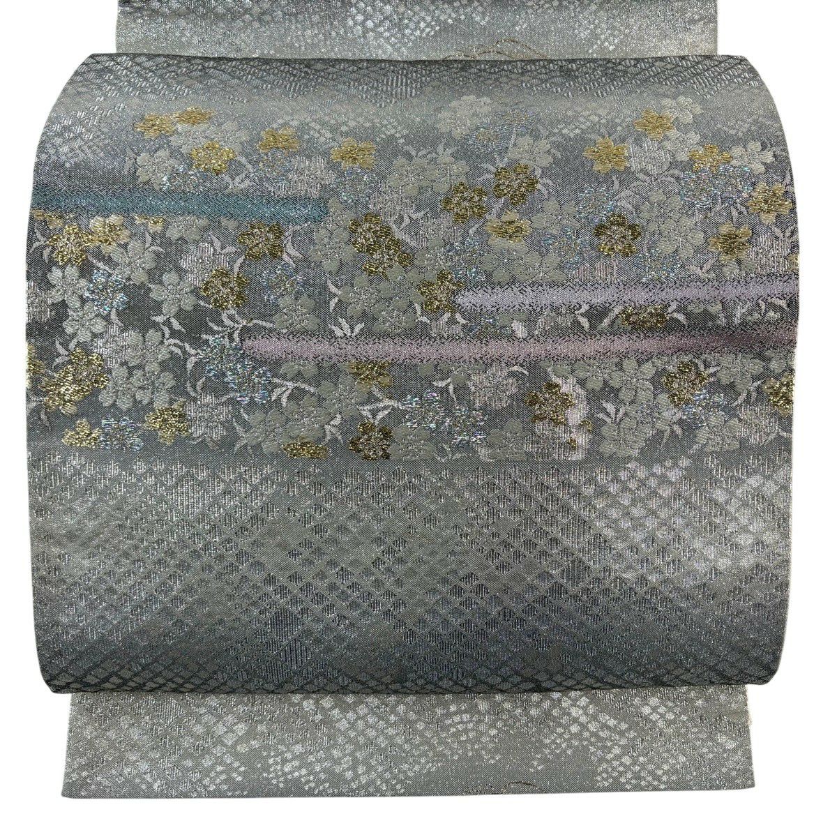 【美品】 袋帶 秀品級 樱花 波紋 金金箔 銀絲 銀色 六通 純蠶絲