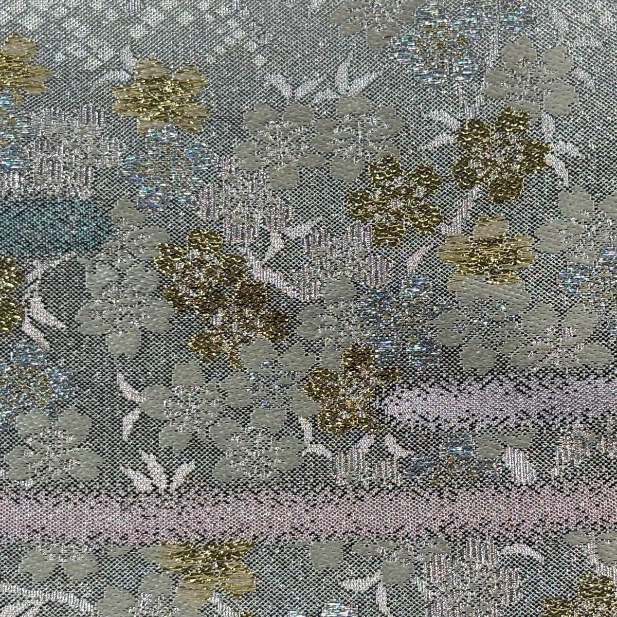 【美品】 袋帶 秀品級 樱花 波紋 金金箔 銀絲 銀色 六通 純蠶絲