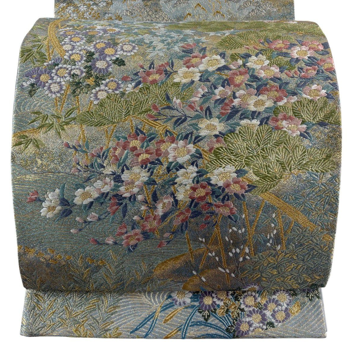 【美品】 袋帶 秀品級 夏帶 草花紋 若松樹 唐織 金銀彩 水藍 六通 純蠶絲