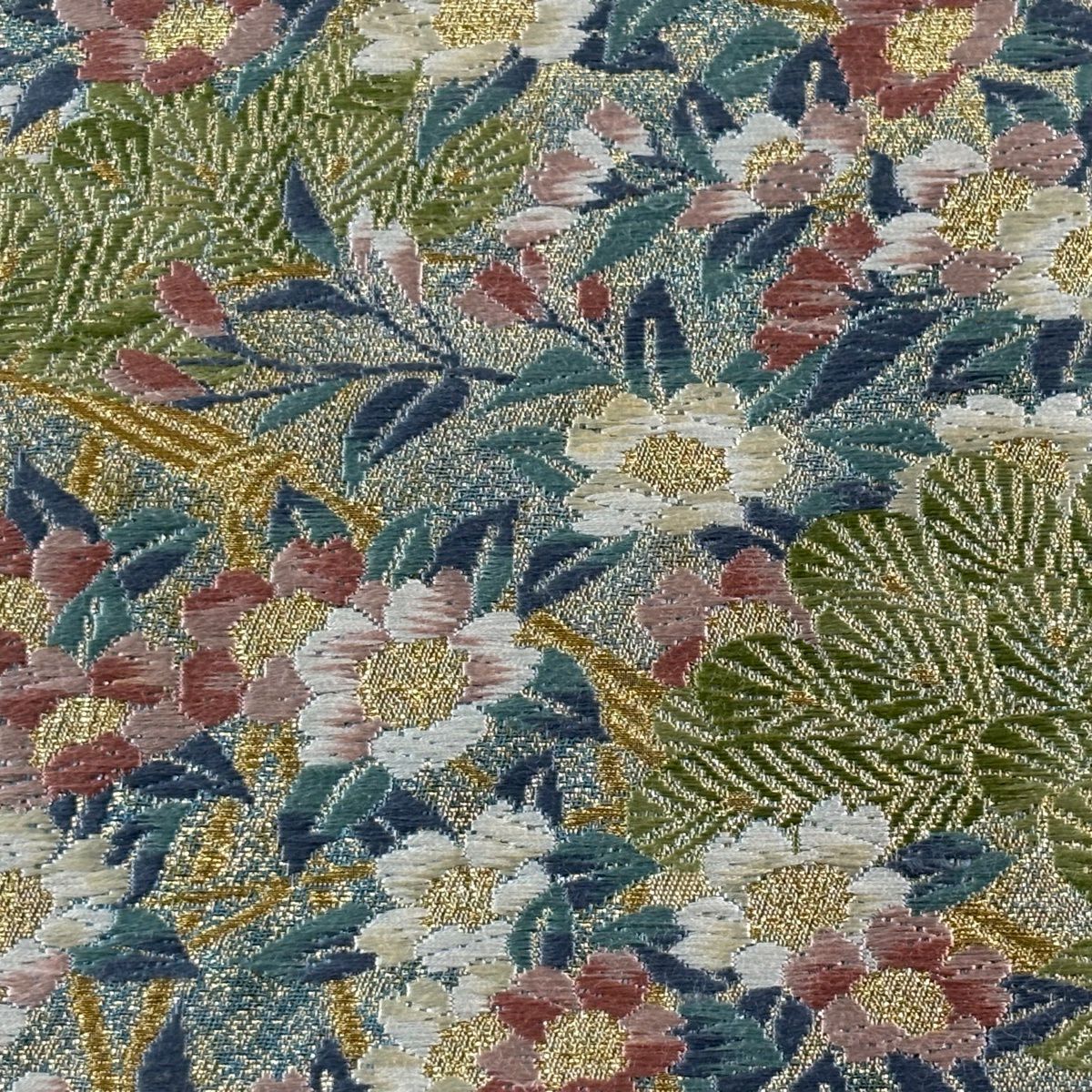 【美品】 袋帶 秀品級 夏帶 草花紋 若松樹 唐織 金銀彩 水藍 六通 純蠶絲