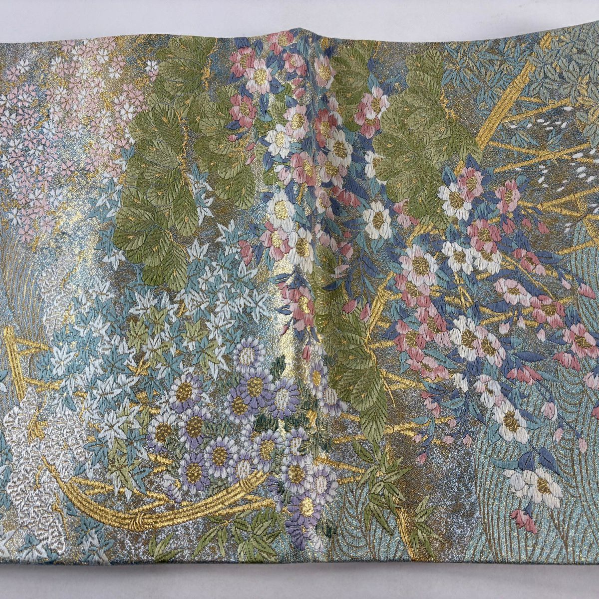 【美品】 袋帶 秀品級 夏帶 草花紋 若松樹 唐織 金銀彩 水藍 六通 純蠶絲