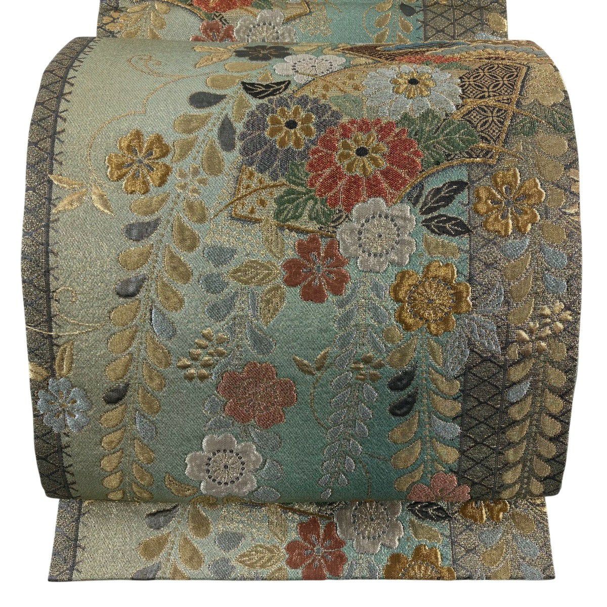 【美品】 袋帶 秀品級 菊花花 扇子面 金金箔 金銀彩 淺綠 六通 純蠶絲