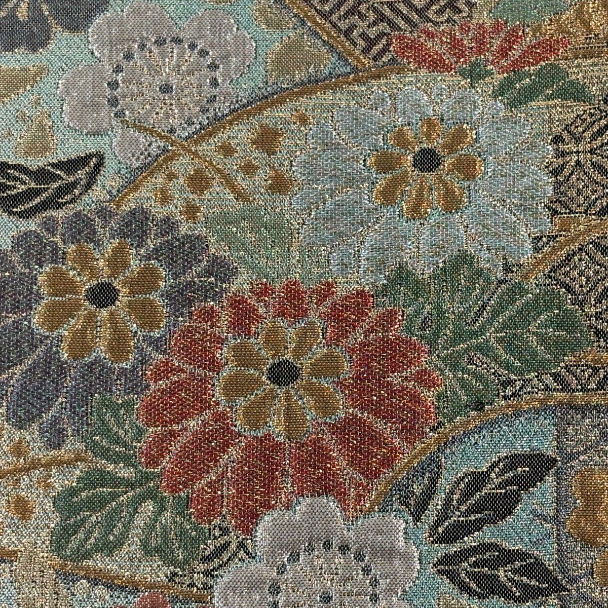 【美品】 袋帶 秀品級 菊花花 扇子面 金金箔 金銀彩 淺綠 六通 純蠶絲