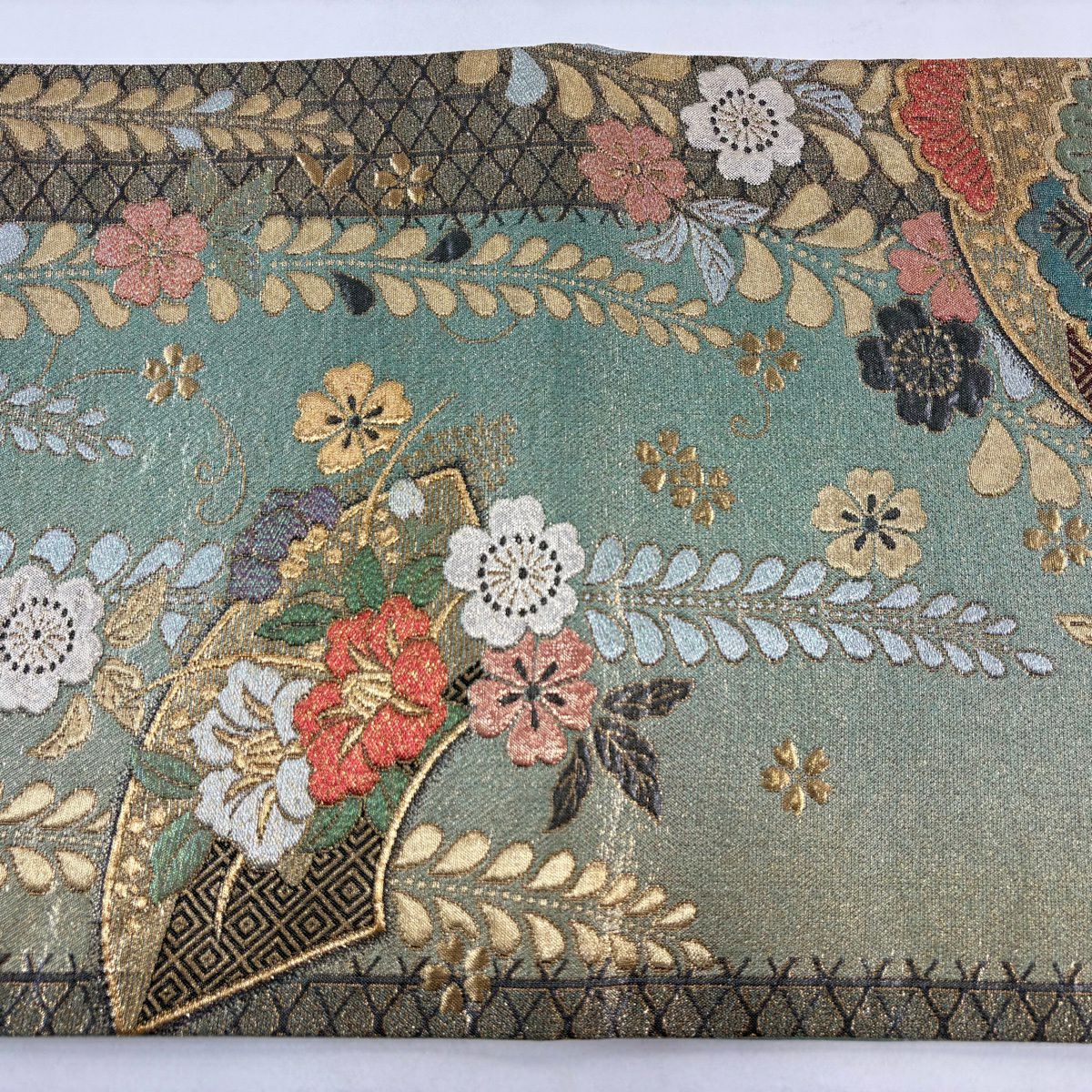 【美品】 袋帶 秀品級 菊花花 扇子面 金金箔 金銀彩 淺綠 六通 純蠶絲