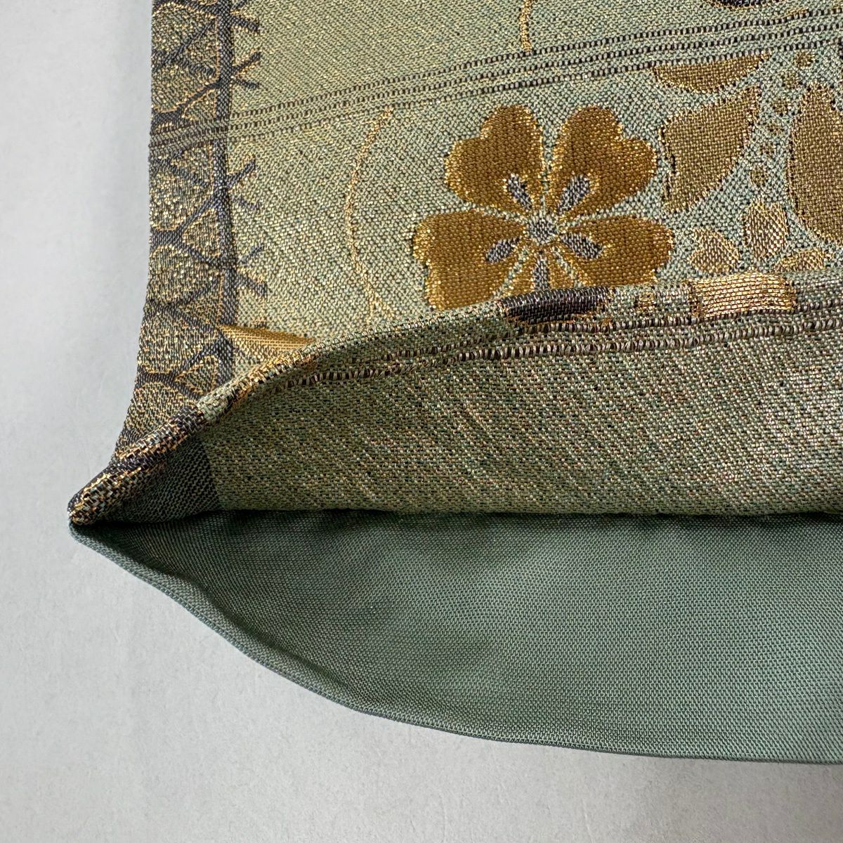 【美品】 袋帶 秀品級 菊花花 扇子面 金金箔 金銀彩 淺綠 六通 純蠶絲