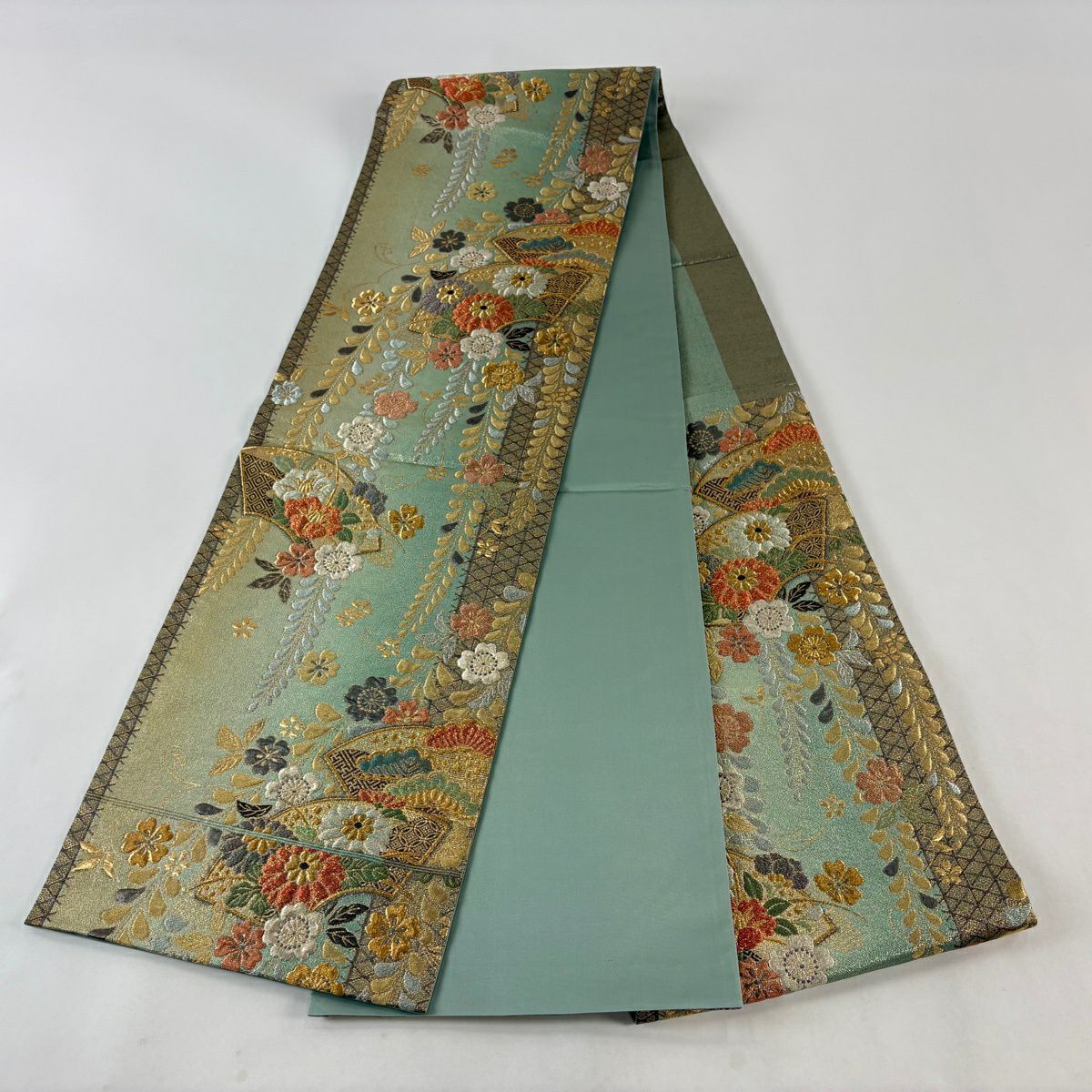 【美品】 袋帶 秀品級 菊花花 扇子面 金金箔 金銀彩 淺綠 六通 純蠶絲