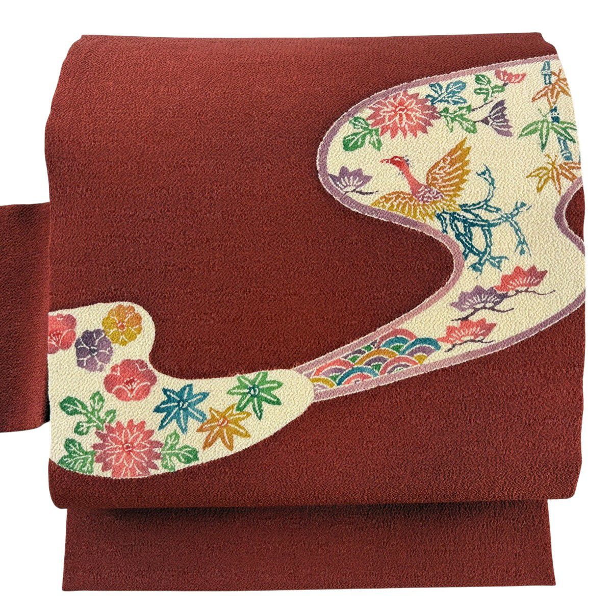 名古屋帶 秀品級 尾長鳥 草花紋 絞織 深紅色 純蠶絲