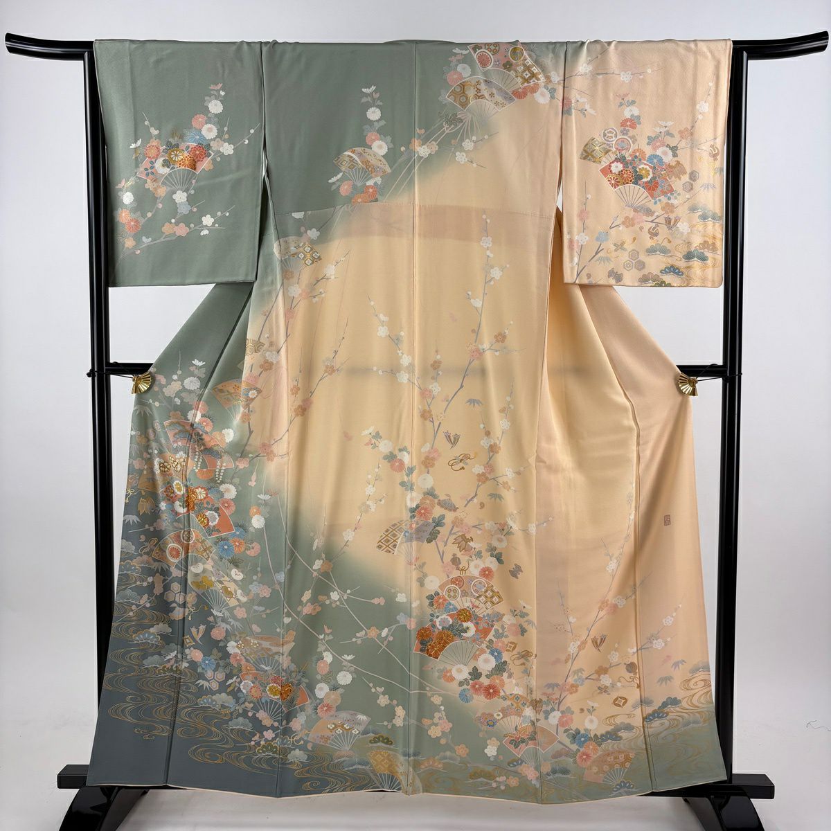訪問服 身長158cm 袖長66cm M 雙層 落款有 扇子面 草花紋紋 金絲 金銀彩 灰綠 純蠶絲 名品級