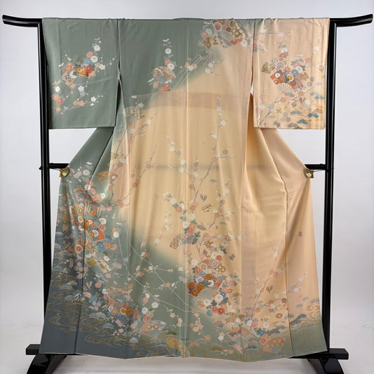 訪問服 身長158cm 袖長66cm M 雙層 落款有 扇子面 草花紋紋 金絲 金銀彩 灰綠 純蠶絲 名品級