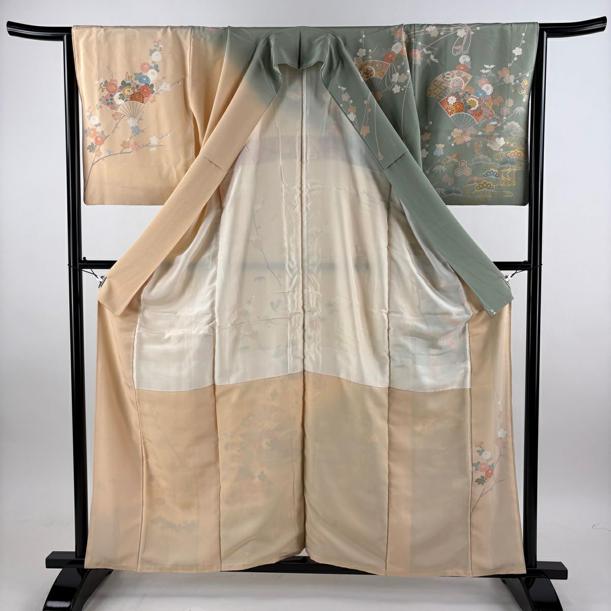 訪問服 身長158cm 袖長66cm M 雙層 落款有 扇子面 草花紋紋 金絲 金銀彩 灰綠 純蠶絲 名品級