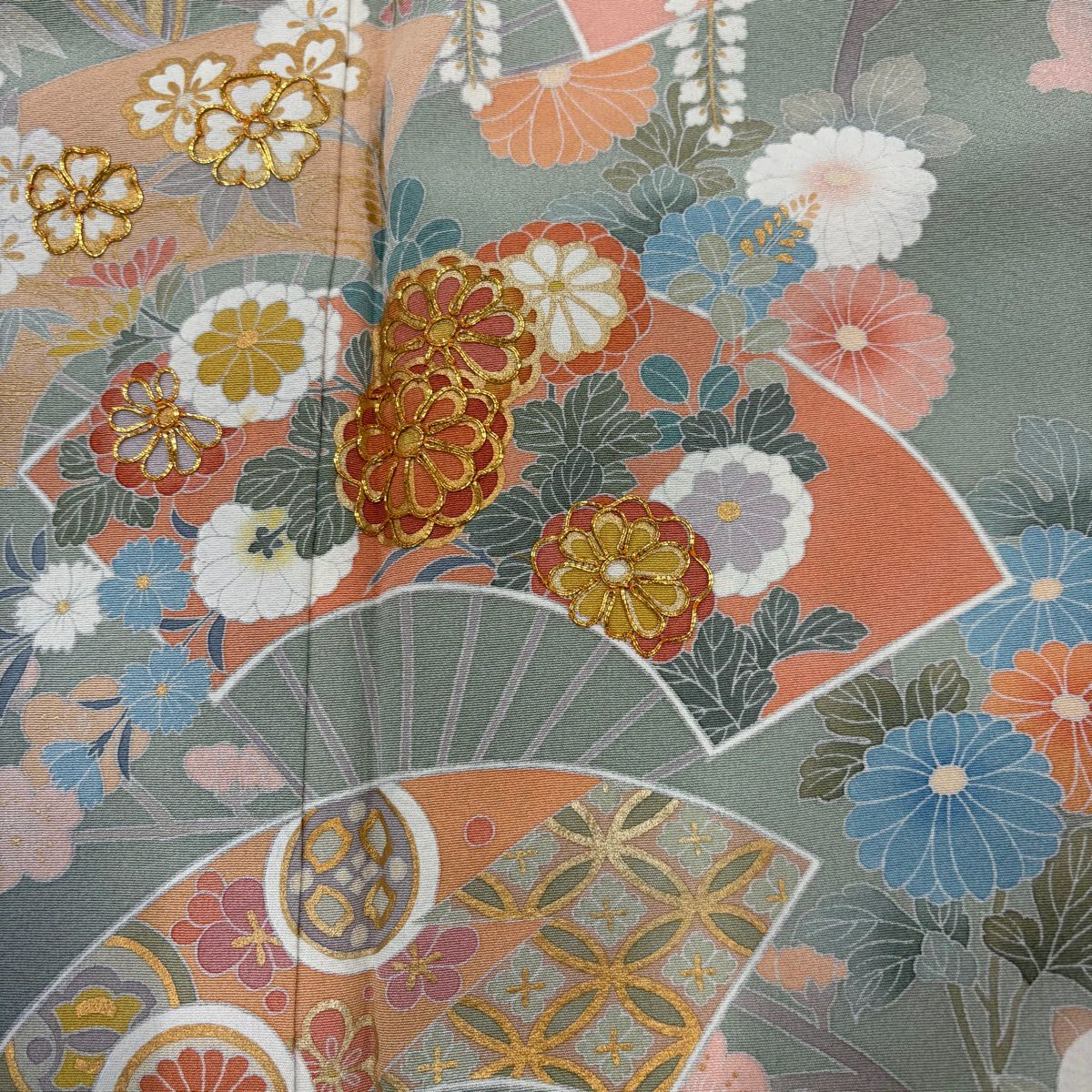 訪問服 身長158cm 袖長66cm M 雙層 落款有 扇子面 草花紋紋 金絲 金銀彩 灰綠 純蠶絲 名品級