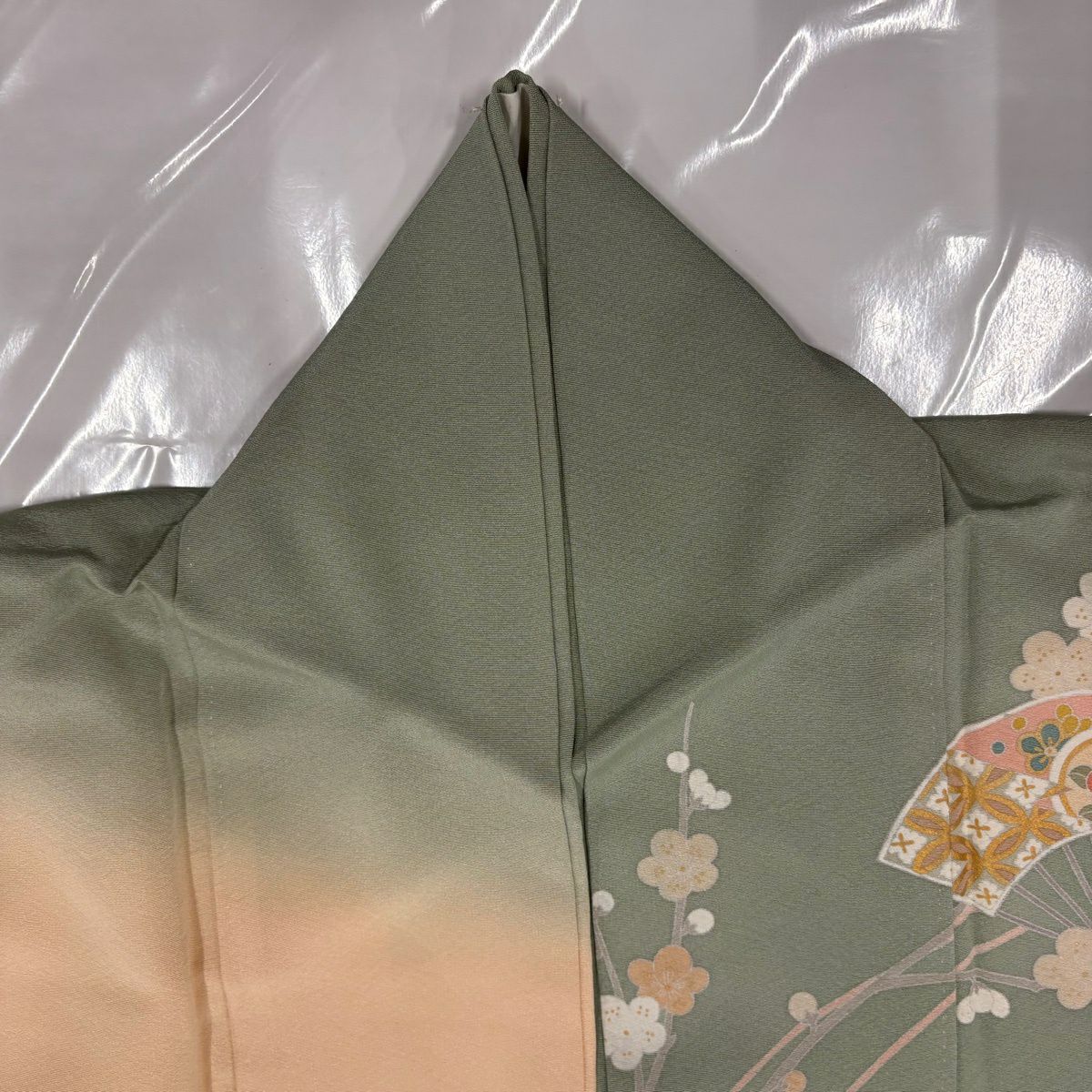 訪問服 身長158cm 袖長66cm M 雙層 落款有 扇子面 草花紋紋 金絲 金銀彩 灰綠 純蠶絲 名品級