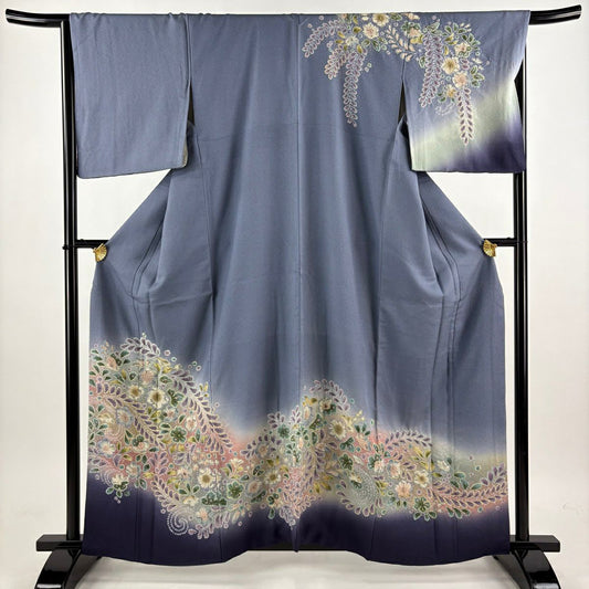 訪問服 身長159.5cm 袖長67cm M 雙層 辻花染 絞染 漸層 青灰 純蠶絲 名品級