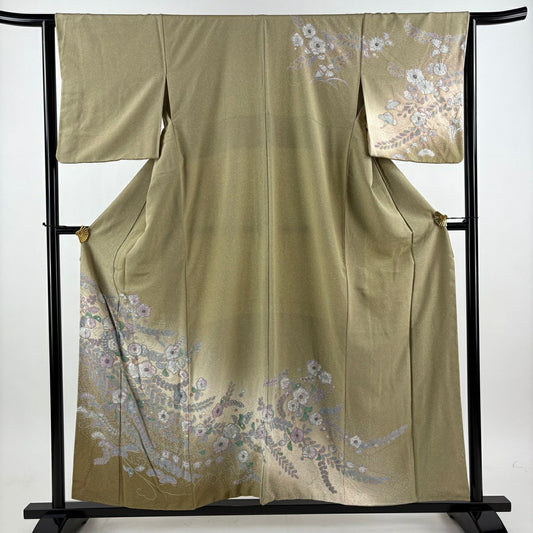 訪問服 身長156.5cm 袖長65cm M 雙層 辻花染 金彩裝飾 絞染 淺茶 純蠶絲 名品級