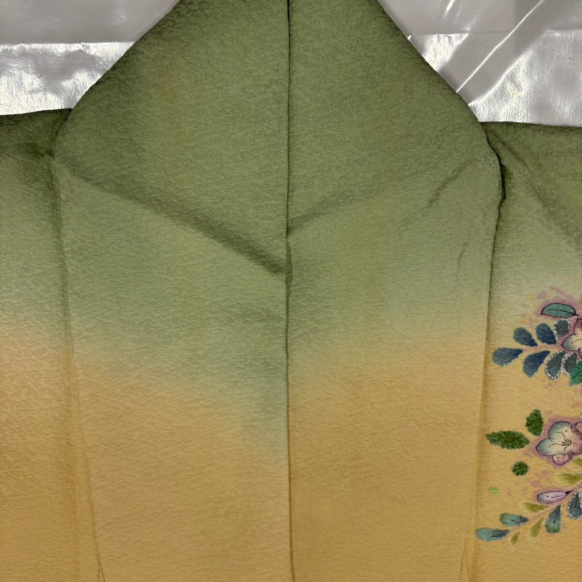 訪問服 身長160cm 袖長69cm L 雙層 落款あり 辻花染 絞染 金彩裝飾 淺綠 純蠶絲 名品級