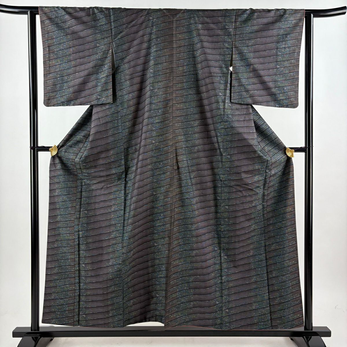 【美品】 大島紬織 身長156.5cm 袖長63cm S 雙層 斜條 幾何學 茶紫 純蠶絲 名品級