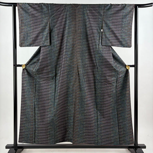 【美品】 大島紬織 身長156.5cm 袖長63cm S 雙層 斜條 幾何學 茶紫 純蠶絲 名品級