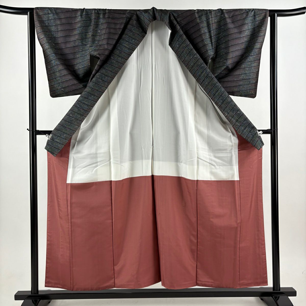 【美品】 大島紬織 身長156.5cm 袖長63cm S 雙層 斜條 幾何學 茶紫 純蠶絲 名品級