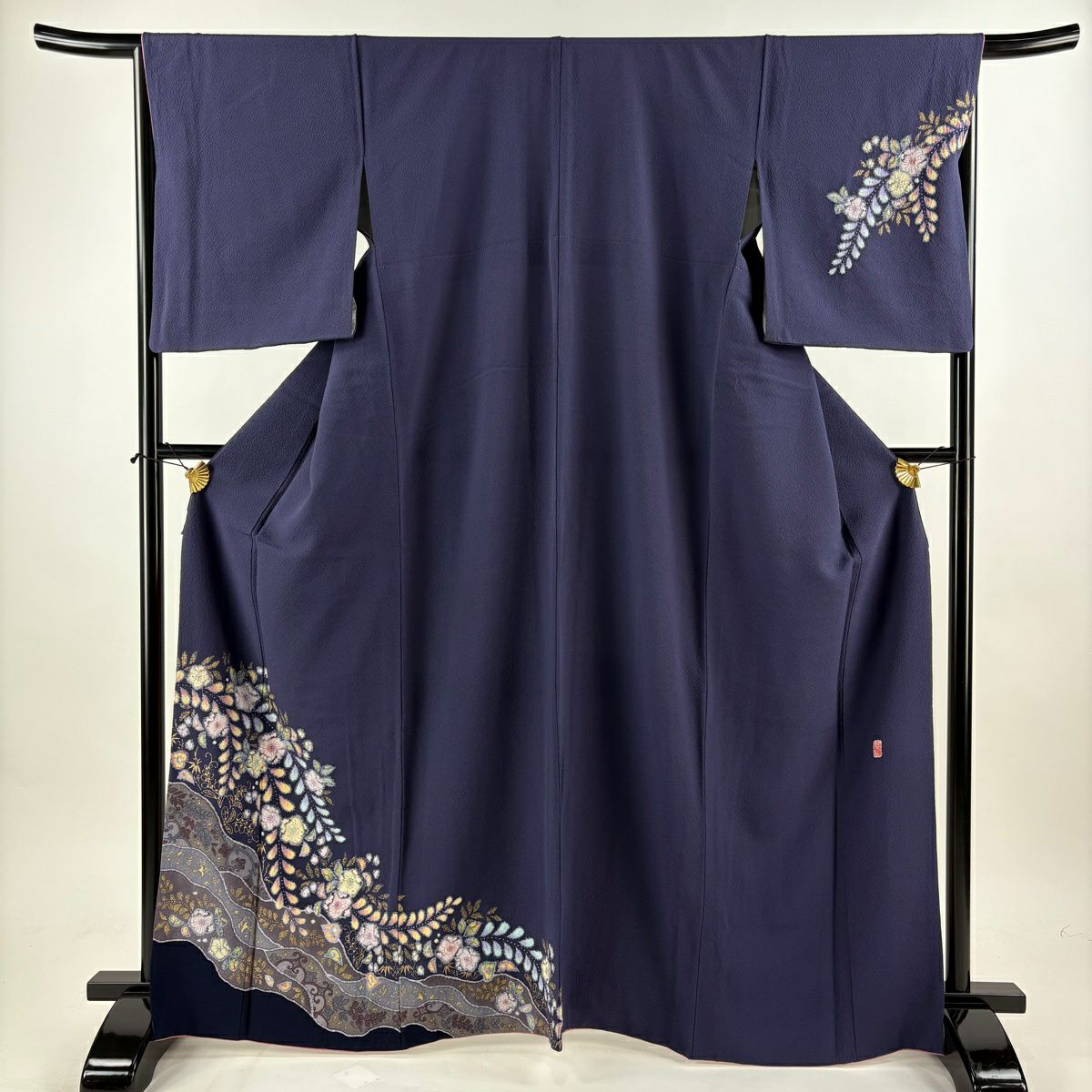 付下 身長166cm 袖長68cm L 雙層 翠山工房 大和 落款あり 辻花染 花唐草紋 金彩裝飾 紫 純蠶絲 名品級