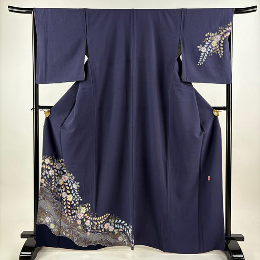 付下 身長166cm 袖長68cm L 雙層 翠山工房 大和 落款あり 辻花染 花唐草紋 金彩裝飾 紫 純蠶絲 名品級