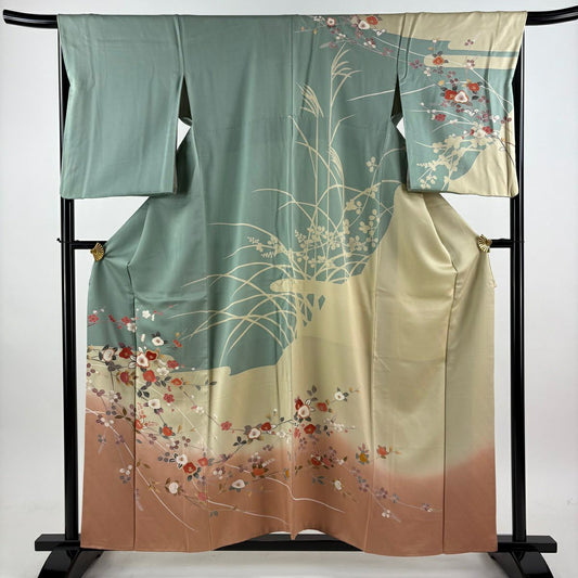 【美品】訪問服 身長157.5cm 袖長68cm L 雙層 椿 橘 金銀彩 刺繡 淺綠 純蠶絲 名品級