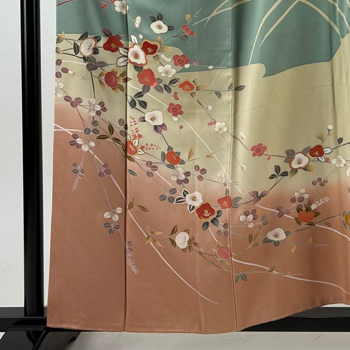 【美品】訪問服 身長157.5cm 袖長68cm L 雙層 椿 橘 金銀彩 刺繡 淺綠 純蠶絲 名品級