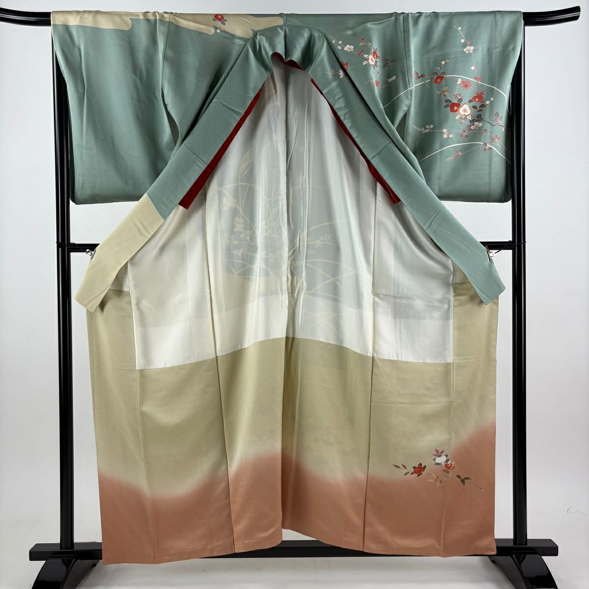 【美品】訪問服 身長157.5cm 袖長68cm L 雙層 椿 橘 金銀彩 刺繡 淺綠 純蠶絲 名品級