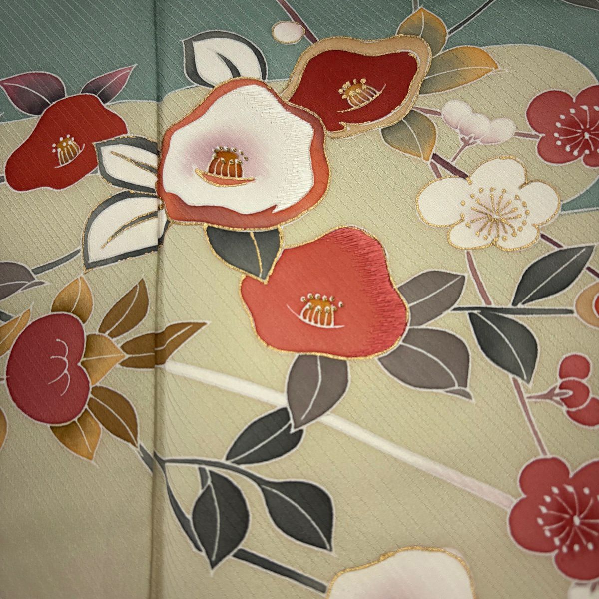 【美品】訪問服 身長157.5cm 袖長68cm L 雙層 椿 橘 金銀彩 刺繡 淺綠 純蠶絲 名品級