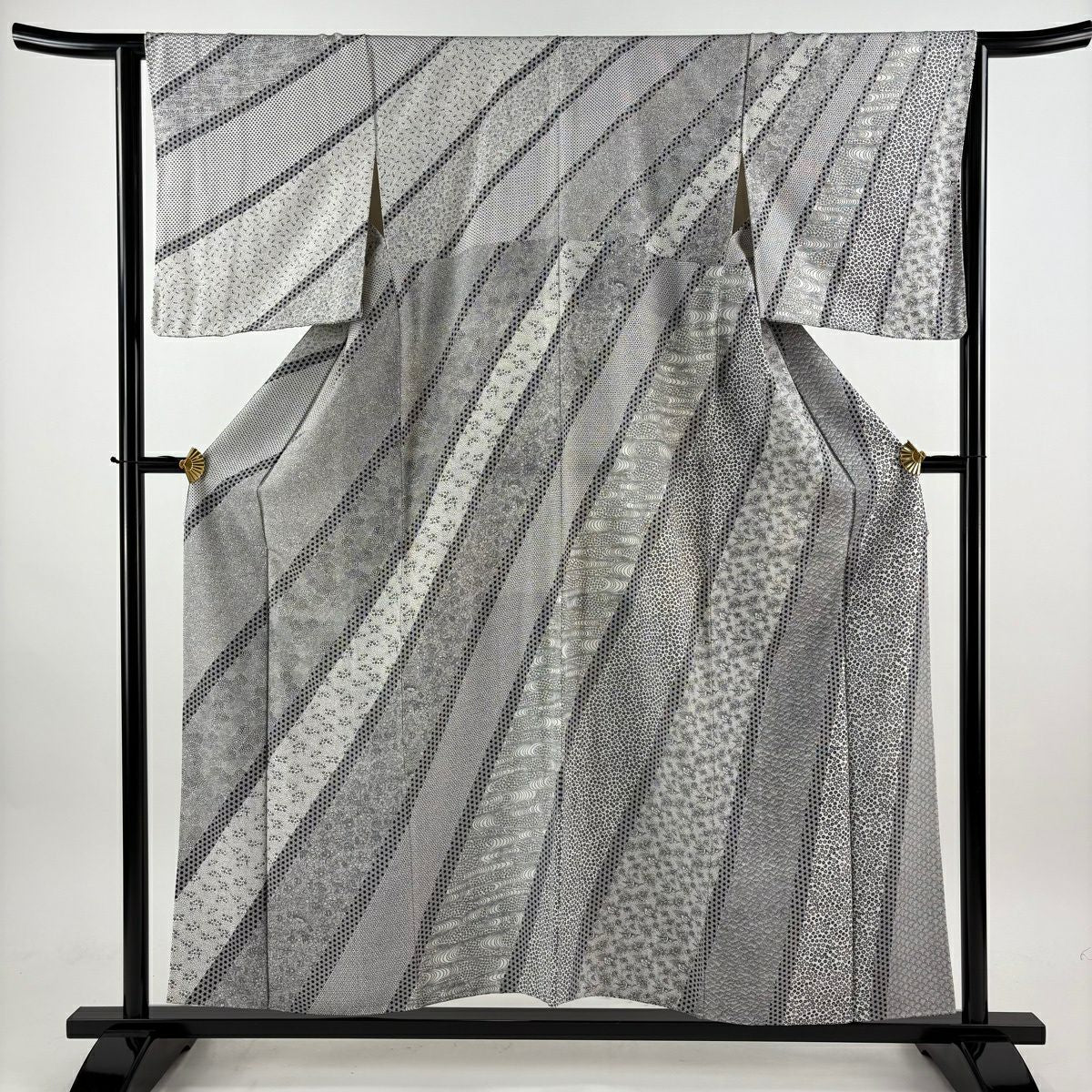 【美品】訪問服 身長155cm 袖長65cm M 雙層 寶盡くし 麻葉 黑灰 純蠶絲 名品級