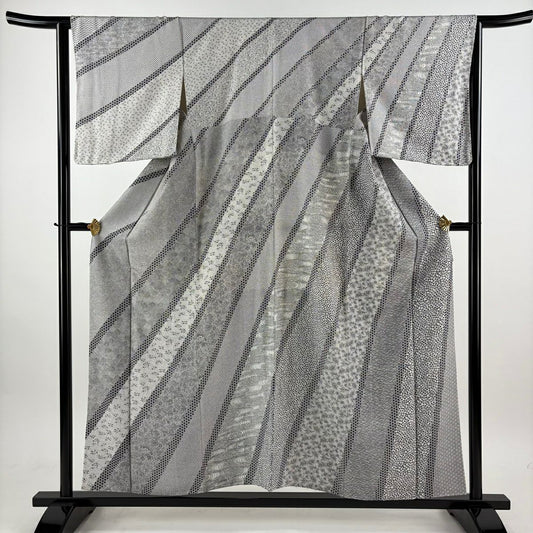 【美品】訪問服 身長155cm 袖長65cm M 雙層 寶盡くし 麻葉 黑灰 純蠶絲 名品級