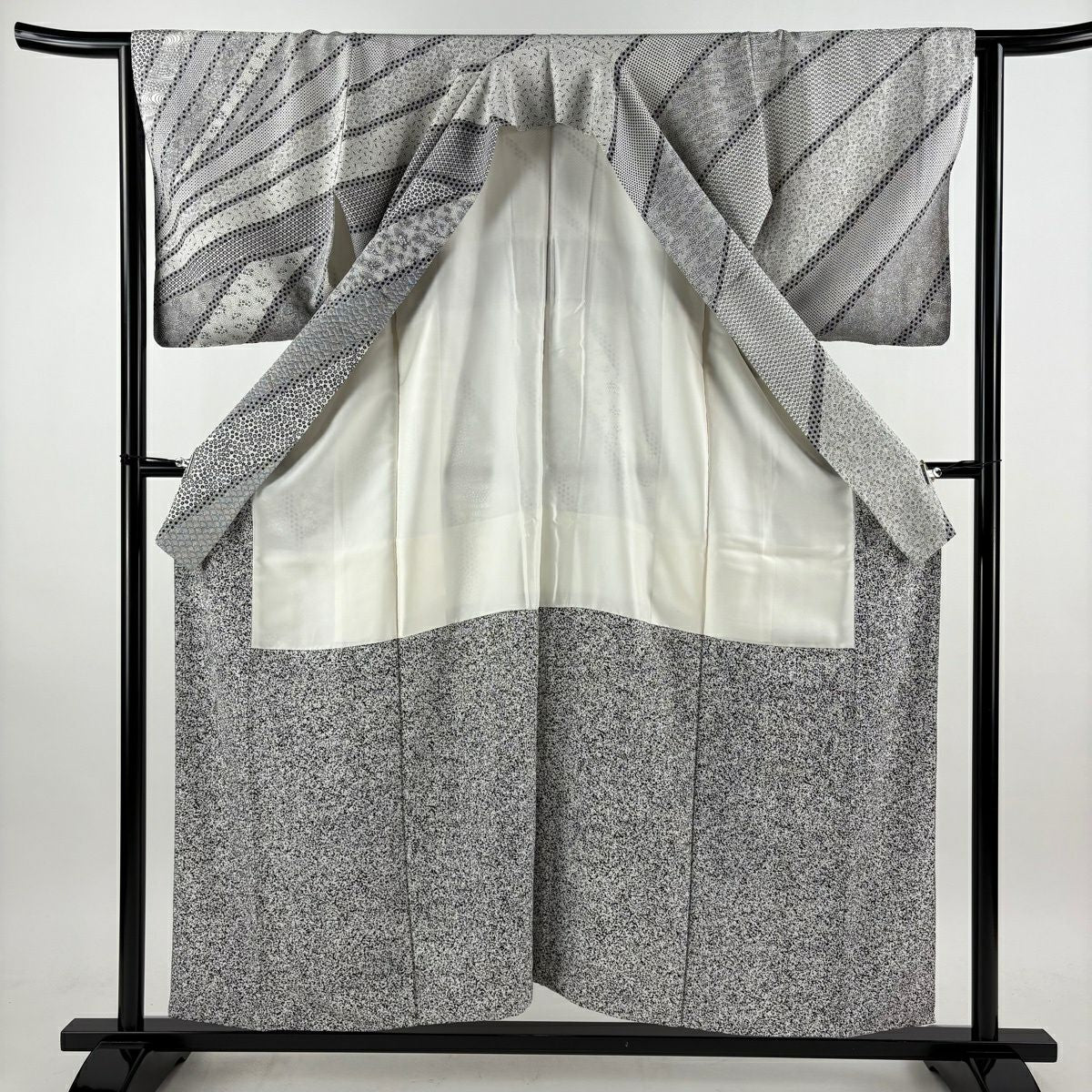 【美品】訪問服 身長155cm 袖長65cm M 雙層 寶盡くし 麻葉 黑灰 純蠶絲 名品級