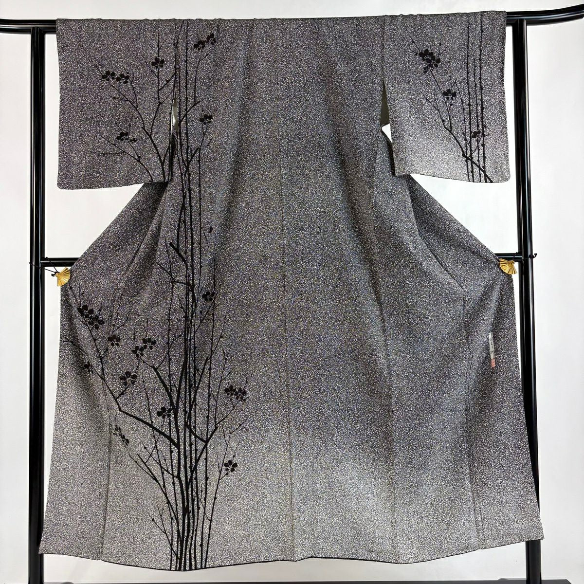 付下 身長150.5cm 袖長61.5cm S 雙層 川村久太郎 落款あり 枝梅花 黑 純蠶絲 名品級