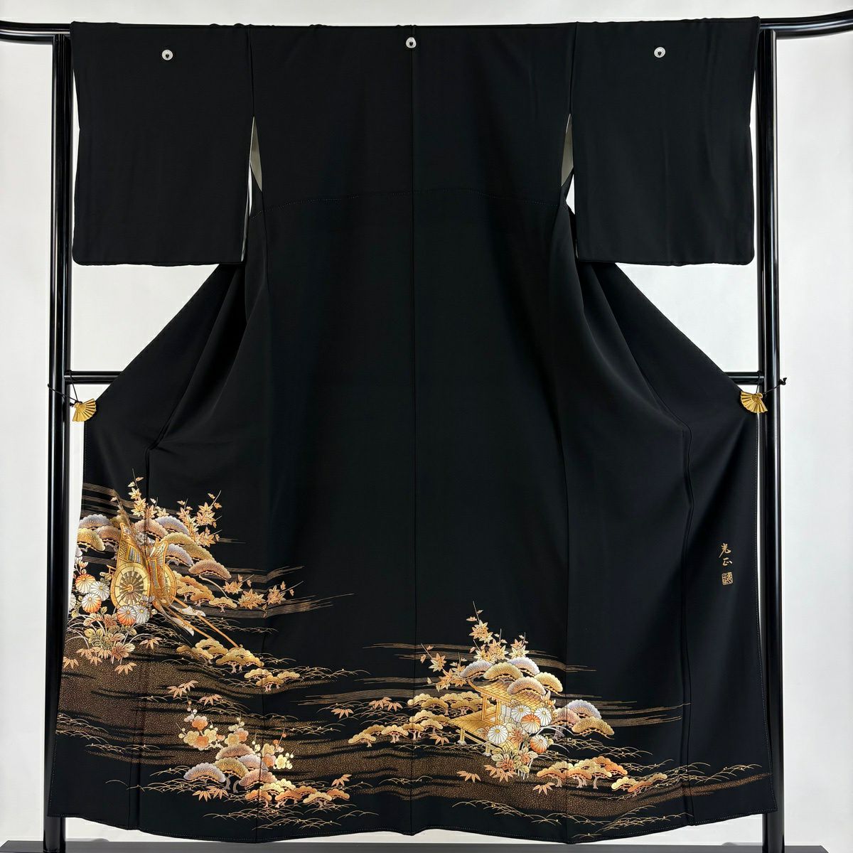 黑留袖禮服 身長154.5cm 袖長63.5cm S 雙層 和田光正 落款あり 御所車 松樹竹子梅花 金銀彩 黑 純蠶絲 名品級