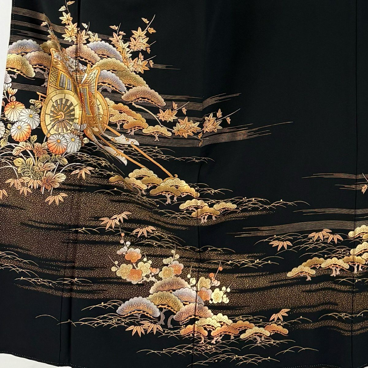 黑留袖禮服 身長154.5cm 袖長63.5cm S 雙層 和田光正 落款あり 御所車 松樹竹子梅花 金銀彩 黑 純蠶絲 名品級