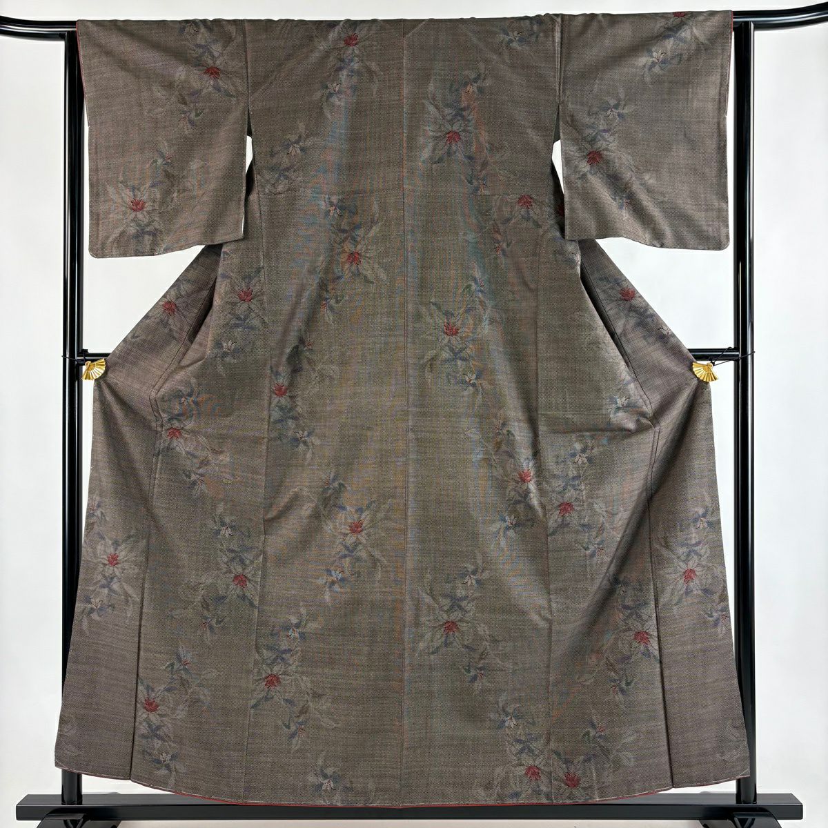大島紬織 身長156.5cm 袖長63cm S 雙層 證書附帶 草花紋 純泥染 焦茶 純蠶絲 名品級