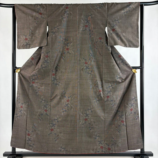 大島紬織 身長156.5cm 袖長63cm S 雙層 證書附帶 草花紋 純泥染 焦茶 純蠶絲 名品級