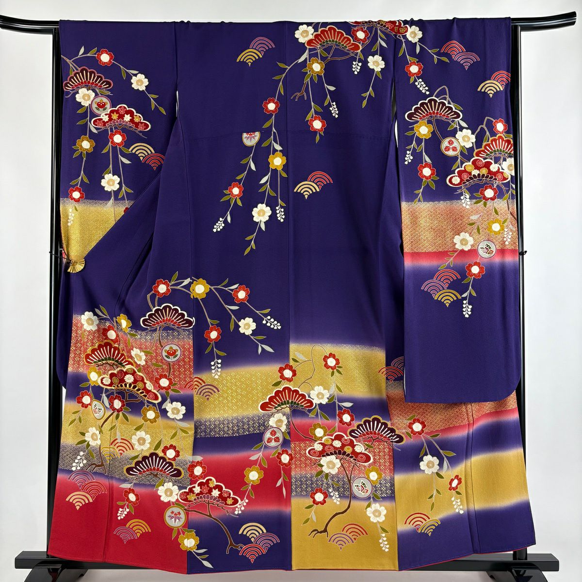 振袖禮服 身長159cm 袖長66.5cm M 雙層 笠松樹 枝垂櫻 金絲 金銀彩 紫 純蠶絲 名品級