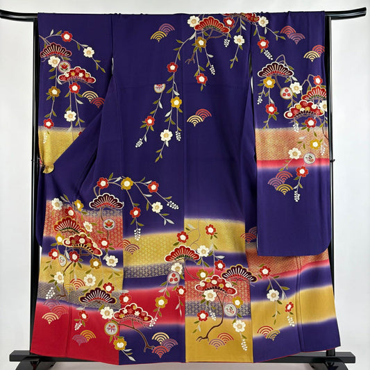 振袖禮服 身長159cm 袖長66.5cm M 雙層 笠松樹 枝垂櫻 金絲 金銀彩 紫 純蠶絲 名品級
